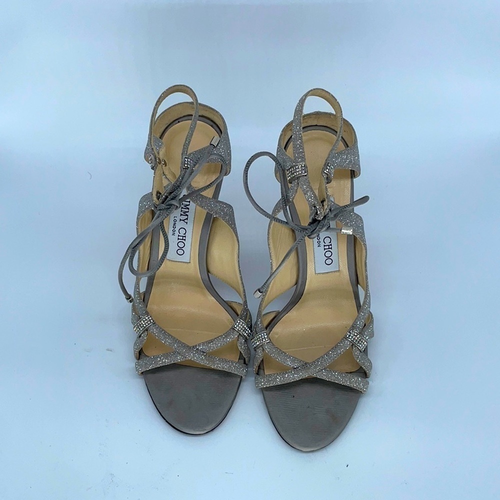 Jimmy Choo Silver Glitter Strappy rhinestone ankle tie peep toe heels 37